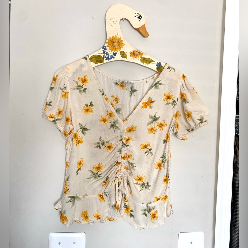 American eagle floral cottage core top boho crop flowers yellow cream size xs